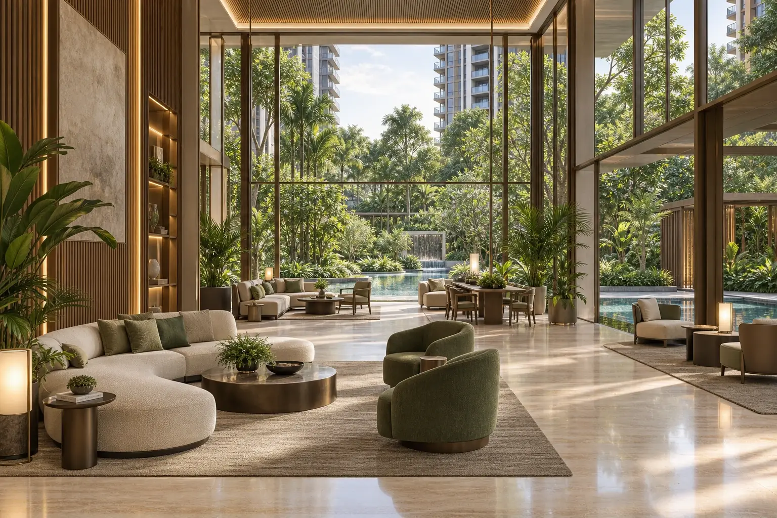 Artistic impression of a double-height clubhouse lounge with curved sofas, opening onto the pool and gardens