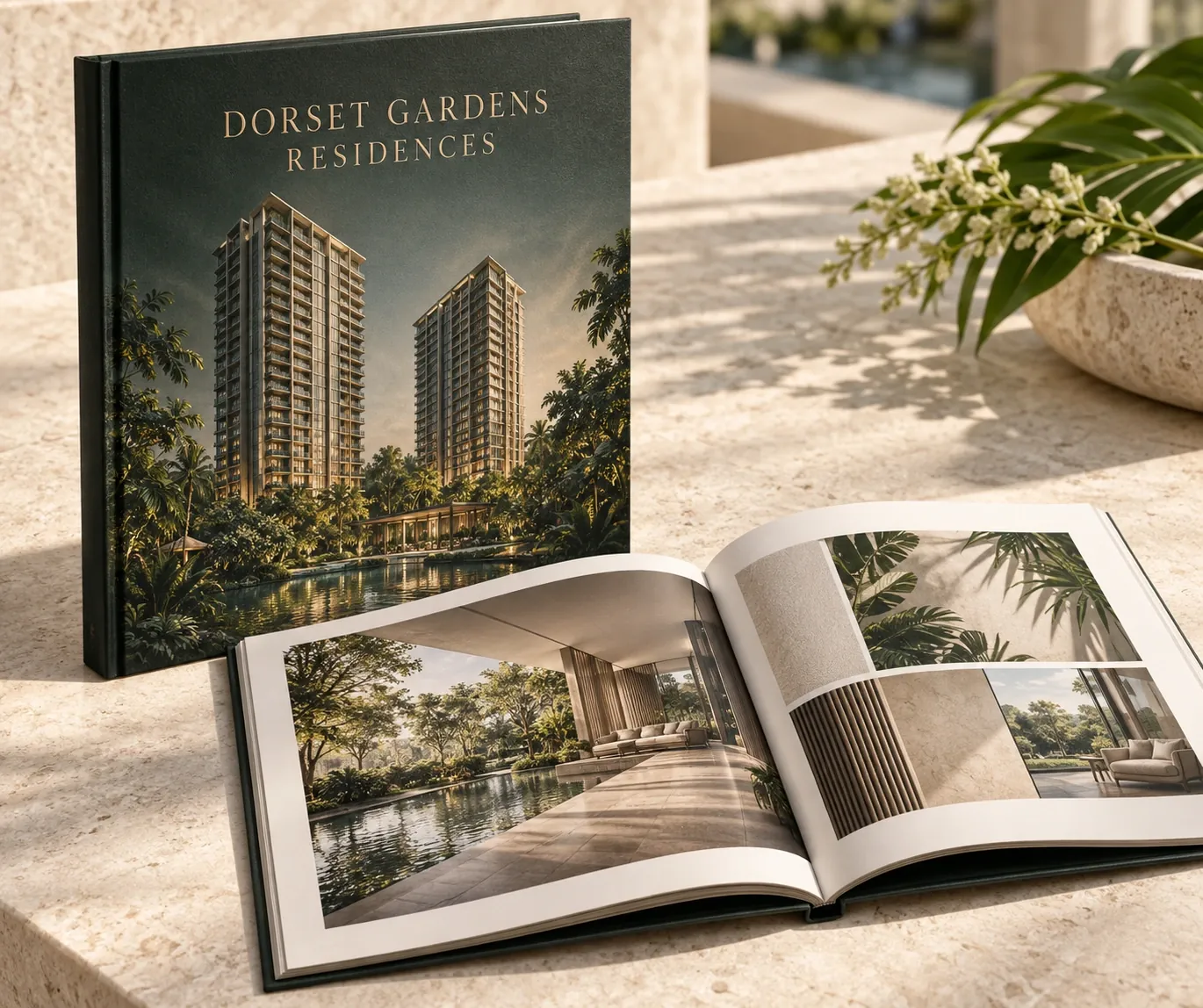 Artistic impression of the Dorset Gardens Residences e-brochure, showing the cover and an open spread of the pool pavilion and interior finishes