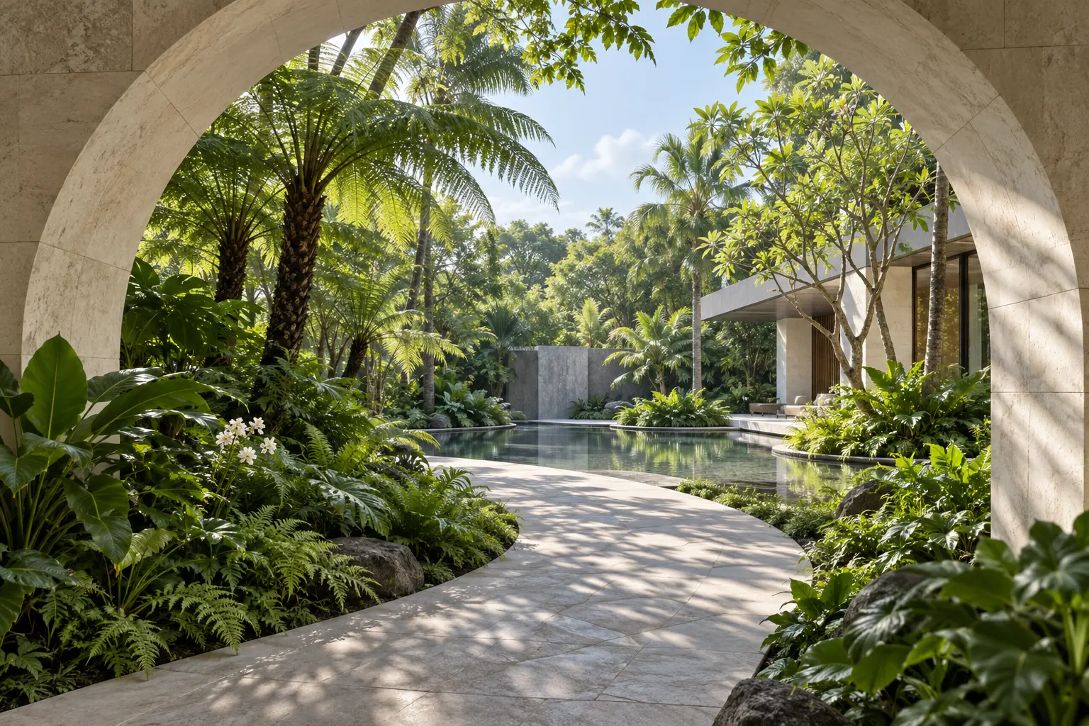 Artistic impression of a tropical garden with shaded planting and a reflecting pool