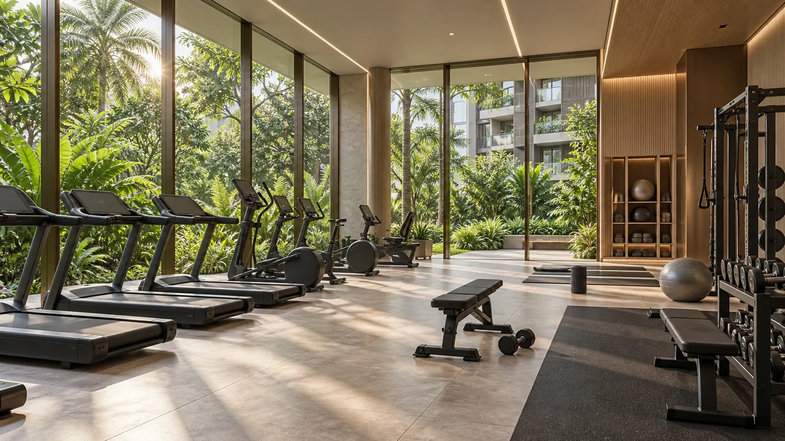 Artistic impression of a gym with treadmills and free weights beside full-height windows facing tropical planting