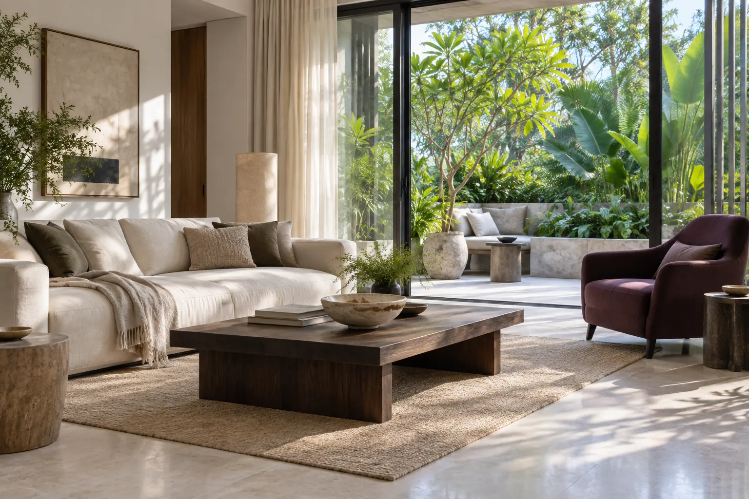 Artistic impression of a light-filled living room opening to tropical planting