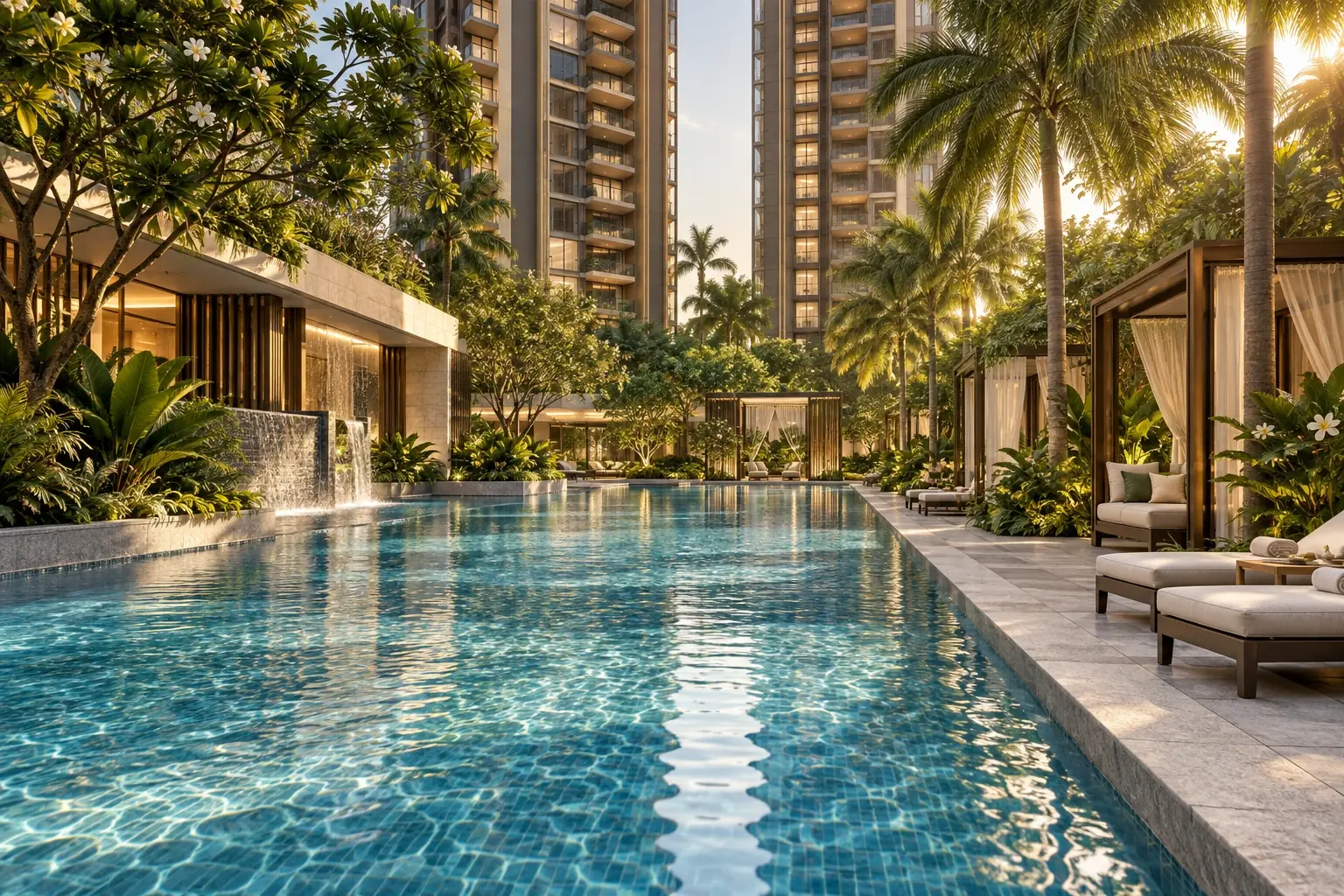 Artistic impression of a long pool deck lined with cabanas, palms and a water feature, with two residential towers behind
