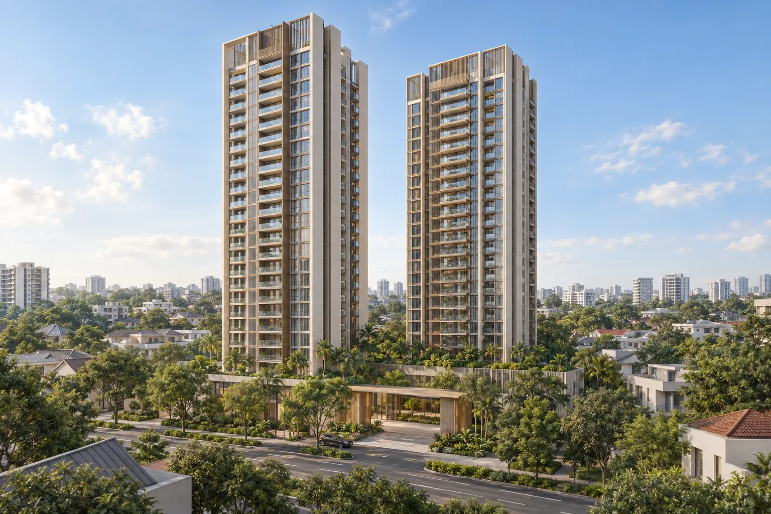 Artistic impression of two residential towers inspired by the published Dorset Gardens massing